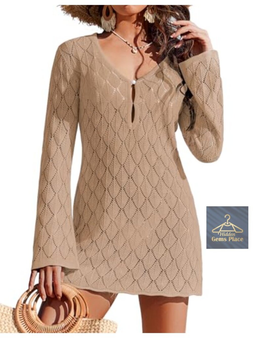 Crochet Swim Cover Up Long Sleeve Hollow Out Beach Coverup